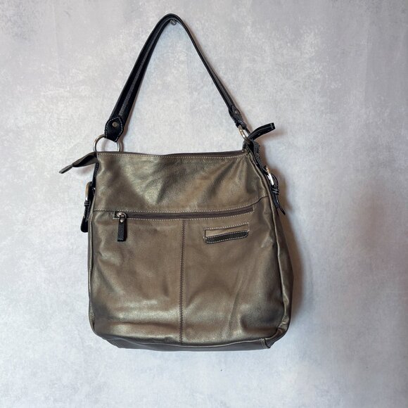 Sophia Visconti Genuine Leather Shoulder Bag Purse Gray/ Black - Picture 3 of 13